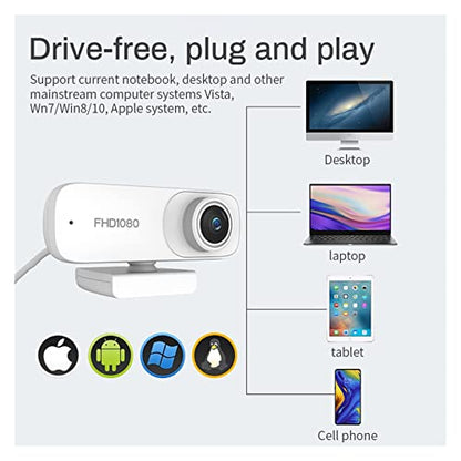 Autofocus 1080P Webcam Cover HD Web Camera with Microphone for Computer Laptop PC Camera for Video Meeting Streaming for Business Meetings (Color : White)