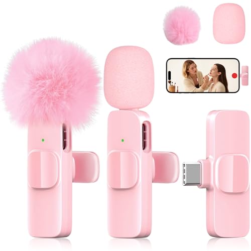 Pink Mini Wireless Microphone, Professional Lavalier Lapel Mic with USB-C & Lightning for iPhone, iPad, Android, iPhone Mic for Crystal Clear Recording, Video Making, Vlogging, Content Creators