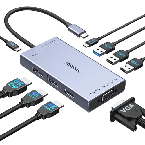 USB C Docking Station Dual HDMI Monitor Adapter, Melelink USB C Hub 3 Monitors with 2X HDMI 4K, 8K Displayport, VGA, 100W PD, USB C&A Ports, 9 in 1 Laptop Docking Station for Dell, HP, Lenovo, etc - color: Gray 9 Port USB C Docking Station