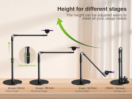 elitehood Heavy Duty Aluminum Overhead Phone Stand, 15 in Long Arm iPhone Holder for Video Recording, 360 Degrees Swivel Tilt Overhead Phone Mount for Filming, Meeting, Cooking, Painting and Crafting - style: Desk Stand