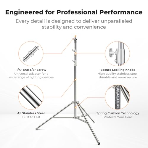 K&F CONCEPT 9.2ft/2.8m Stainless Steel Light Stand, Spring Cushioned Heavy Duty Photography Tripod Stand with 1/4” to 3/8” Universal Screw Adapter for Strobe,LED Video Light,Ring Light,Softbox