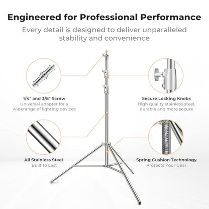 K&F CONCEPT 9.2ft/2.8m Stainless Steel Light Stand, Spring Cushioned Heavy Duty Photography Tripod Stand with 1/4” to 3/8” Universal Screw Adapter for Strobe,LED Video Light,Ring Light,Softbox