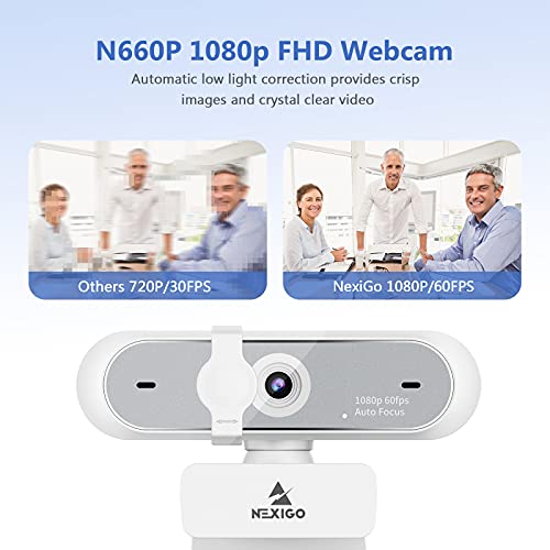 NexiGo N660P 1080P 60FPS Webcam with Software Control, Dual Microphone & Cover, Autofocus, HD USB Computer Web Camera, for OBS/Zoom/Skype/FaceTime/Teams/Twitch, White - style: 1080P 60FPS Webcam White