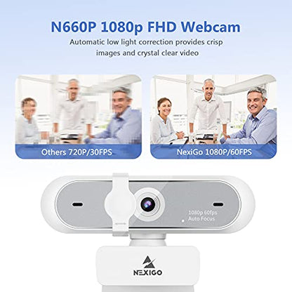 NexiGo N660P 1080P 60FPS Webcam with Software Control, Dual Microphone & Cover, Autofocus, HD USB Computer Web Camera, for OBS/Zoom/Skype/FaceTime/Teams/Twitch, White - style: 1080P 60FPS Webcam White