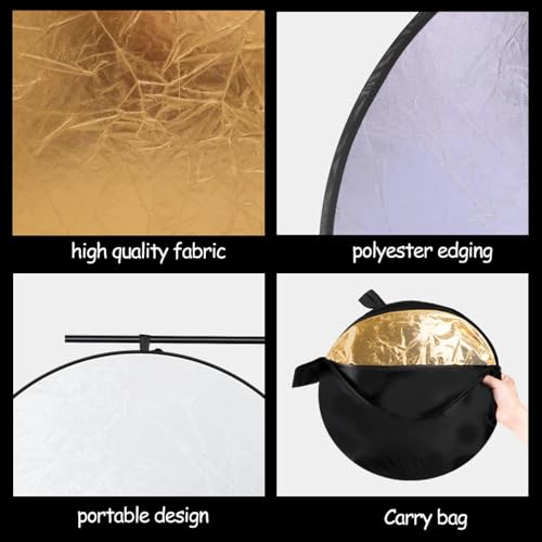 REFLEX CAMERA 5-in-1 Collapsible Photography Reflector Kit, 110cm (43") Round with Dual Handles, Silver, Gold, White, Black & Translucent Surfaces, Portable Light Modifier with Carry Bag - size: 110cm/43"
