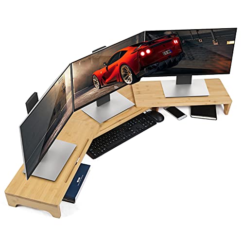 Nnewvante Monitor Stand Riser, 60 inch Large Bamboo Dual Monitor Stand for Desk, 3 Shelves Desktop Screen Riser with Adjustable Length Angle for Computer Laptop PC