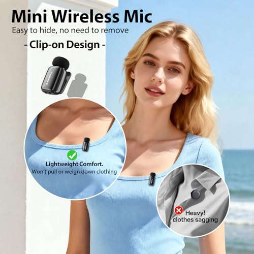 Mini Wireless Lavalier Microphone for iPhone ipad Android, Noise Reduction and Mute, 33h Charging Case, Plug & Play, 131FT Range, Mini Lapel Mic for Video Recording, Vlogging, YouTube