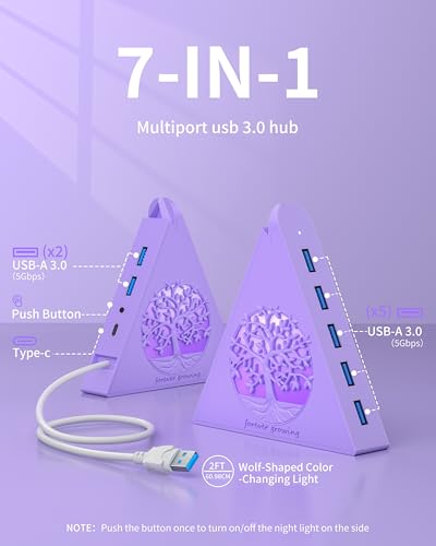 7-Port USB 3.0 Hub, Light Purple Vertical USB Splitter with Tree-Inspired RGB Lights, 5Gbps High-Speed Transfer, 2FT Cable, Compatible with MacBook, PC, Flash Drive, Console, Printer, Camera - color: 2-Tree Light Purple