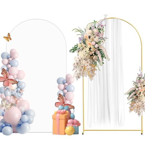 Metal Arch Backdrop Stand and Cover Set, 7.2FT White Reusable Spandex Fitted Backdrop Cover and Gold Wedding Arch Frame for Baby Shower, Birthday, Parties Decoration. - color: White, size: 7.2ft