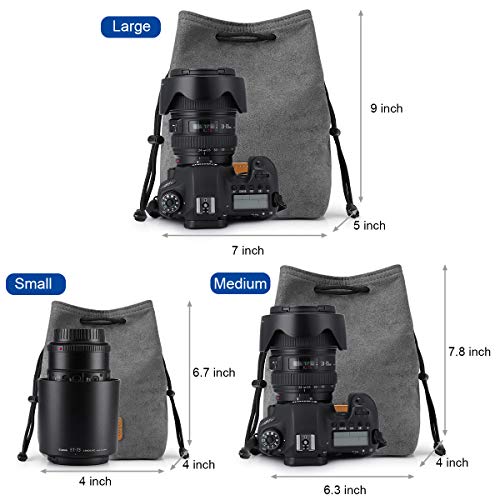 S-ZONE Soft Camera Bag DSLR Insert Handbag Drawstring Lens Case | Soft Suede, Drawstring closure, Dust-proof, Scratch-resistant, Compatible with Canon Nikon Sony - color: Grey, size: Large