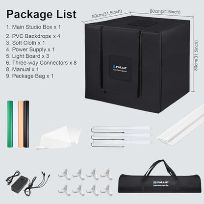 PULUZ 32"x32" Large Photo Studio Light Box, 90W 14000LM High CRI95+ Lighting with 4 Backdrops 3 Stepless Dimming LED Panels & Carry Bag Professional Shooting Tent for Product Photography - size: 32 Inch