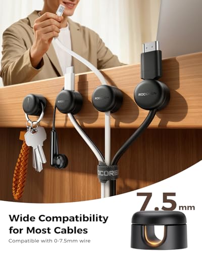Rocoren 50 PCS Cable Management Kit 10 Magnetic Rotatable Cable Clips,40 Reusable Velcro Cord Organizer Straps, Cord Holder Accessories for Under Desk,Nightstand,Home and Office