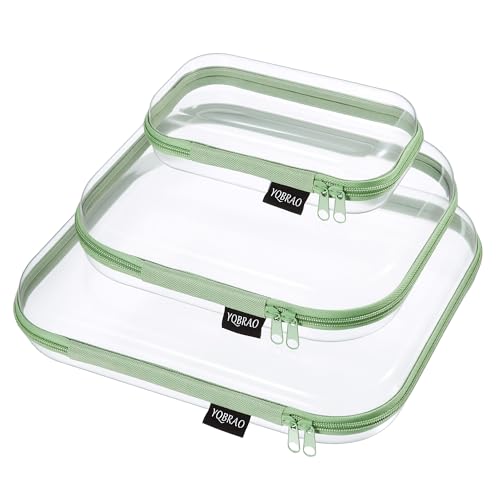 YQBRAO Clear Hard Shell Organizer Cases, 3-Pack, Green | Large, medium & small rigid PET organizers for home, travel, crafts and everyday organization - color: Green, size: LMS