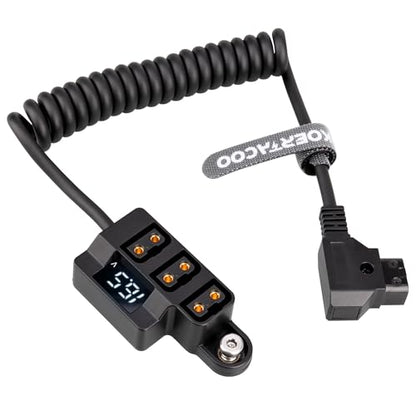 D-Tap 1×3 Power Splitter Adapter with Voltage Display & 1/4 Mounting Screws for V-Mount/Gold Mount Battery,Camera Cage,Video Transmission, Monitor, BMPCC 4K/6K, etc. (Coiled Cable Version)