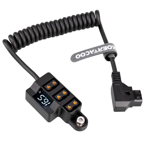 D-Tap 1×3 Power Splitter Adapter with Voltage Display & 1/4 Mounting Screws for V-Mount/Gold Mount Battery,Camera Cage,Video Transmission, Monitor, BMPCC 4K/6K, etc. (Coiled Cable Version)