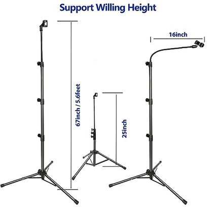 Mic Stand, Boom Microphone Stands Tripod Gooseneck Microphone Stand Height Adjustable from 24" to 67" with 2 Mic Clips for Singing Stage Performance Party Mic Mount