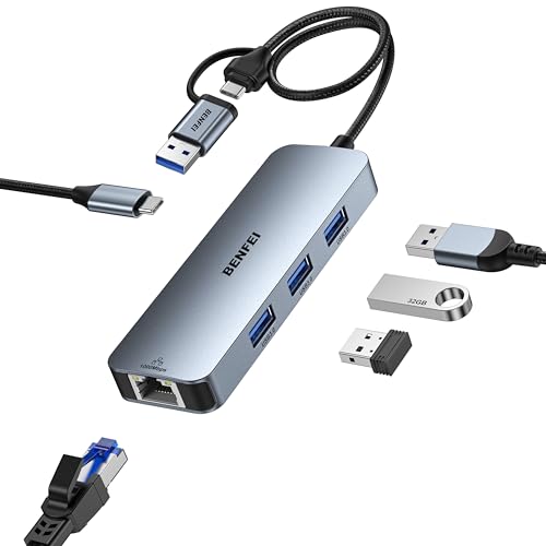 BENFEI USB-C to Gigabit Ethernet Adapter with 3-Port USB 3.0 Hub, RJ45 Network Adapter Compatible with MacBook Pro/Air, iPad Pro, iMac, Galaxy S23, XPS 17, Surface Book 3 - style: USB sideways