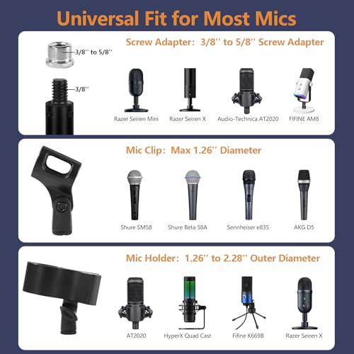 BILIONE Desktop Microphone Stand for Podcast Recording, 9-16.5“ Height Adjustable Mic Stand for Desk with 1.3 lb Weighted Base, Heavy-Duty Metal Construction, Universal 3/8” to 5/8" Adapter, 2 Clips - size: Mic Stand Desktop
