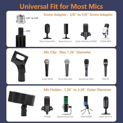 BILIONE Desktop Microphone Stand for Podcast Recording, 9-16.5“ Height Adjustable Mic Stand for Desk with 1.3 lb Weighted Base, Heavy-Duty Metal Construction, Universal 3/8” to 5/8" Adapter, 2 Clips - size: Mic Stand Desktop