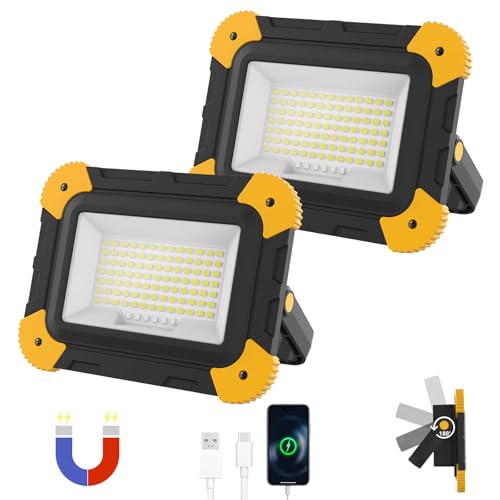 AUMIO 2-Pack Portable Flood Light, 4000mAh Magnetic Rechargeable LED Work Light Battery, 40W Outdoor Waterproof Work Lights Cordless 180° Rotate for Job Site Garage Camping Car Repair, Gifts for Men - color: Magnetic 2-Pack