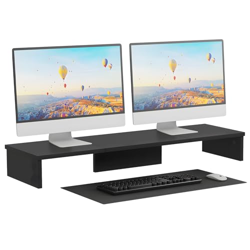 Qupui Dual Monitor Stand Riser, Large Computer Monitor Stand for Desk, Monitor Riser for 2 Monitors, Wood Desk Shelf for Top of Desk, Desktop Organizer for Computer, Laptop, Printer, TV - color: 35.8" Black