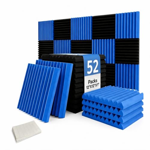 52 Pack Black blue 1" x 12" x 12" Acoustic Wedge Studio Foam Sound Absorption Wall Panels(Accompanied By Double-Sided Adhesive Tape) - color: BLACK blue