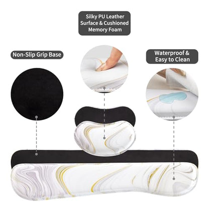 QIYI Leather Desk Mat Set, 4-in-1 Large Mouse Pad with Ergonomic Wrist Rest, Waterproof Desk Pad + Keyboard Wrist Rest + Mouse Wrist Support + Coaster, Non-Slip Office Gaming Accessories, White Marble - color: Gray White Marble