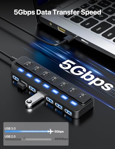 WIRWTRU USB Hub 7 Port,USB 3.0 Hub Splitter for Office,Home,School | Individual On/Off LED Switches, USB Hub for PC, 5Gbps HighSpeed Data for Laptop, Mac, PC, Desktop, PS5, Xbox