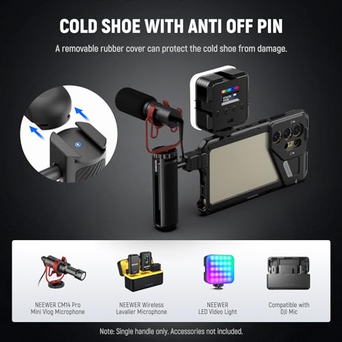 NEEWER Quick Release Side Handle for Phone Cage PA073 PA074 for 16 Pro/16 Pro Max, PA042 for Samsung S24 Ultra, with Covered Cold Shoe, Anti Off Pin, Black Lock, PA045B - style: PA045B
