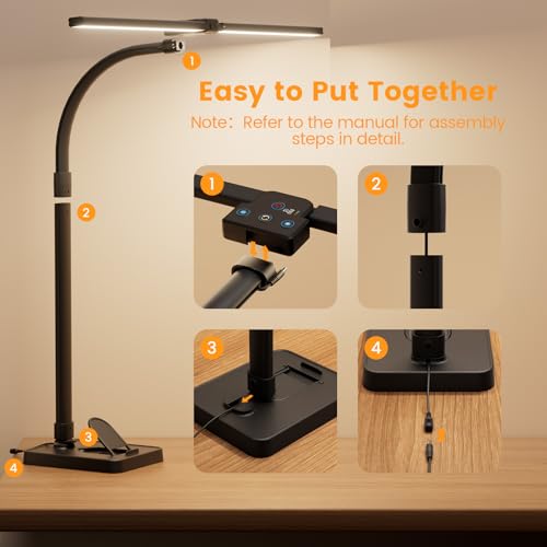 LED Desk Lamp with Base - Bright Dimmable Computer Lamp with Phone Holder, 24W Bendable Desk Light for Monitor Screen, Eye-Caring Tall Desktop Light for Task Home Office Work, Black, Dual Head - style: Base Version - Black