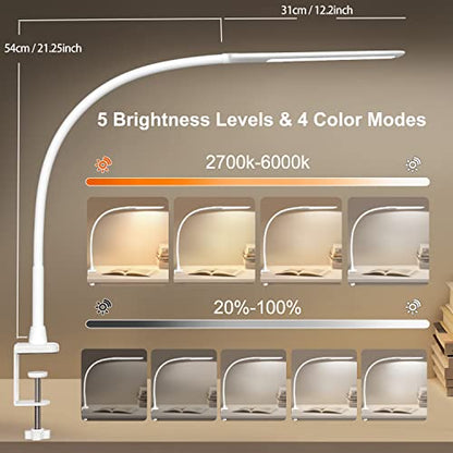 YOUKOYI LED Desk Lamp with Clamp,Flexible Gooseneck Architect Table Lamp - 5 Brightness Levels & 4 Color Modes, Touch Control, Eye-Care 10W Desk Light for Home/Office/Reading/Work(White) - color: White