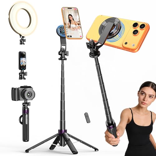4-in-1 Magnetic Tripod for iPhone with 1/4" Screw, 53" MagSafe Selfie Tripod with Wireless Remote & Metal Ring, 4-Leg Stable Phone & Camera Tripod for IPhone17Pro Max Video Recording,Gym,TikTok,Travel - color: Black