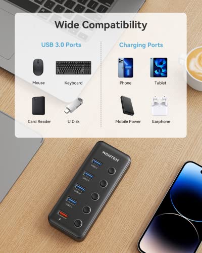 Powered USB Hub, Wenter 5 Ports USB 3.0 Hub (4 Data Transfer Ports+ 1 Smart Charging Port) with Individual LED On/Off Switches, USB Hub 3.0 Powered with 15W Power Supply for PC, MAC