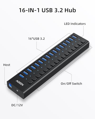 AGEEN 16-Port USB 3.2 Gen 2 Hub, 10Gbps High-Speed Aluminum Powered Hub with 96W Adapter, Individual Switches & Surge Protection for PC/Laptop, Flash Drive, Printer, Camera
