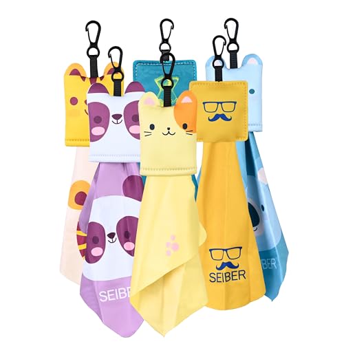 SEIBER Microfiber Glasses Cleaning Cloth with Pouch,Cute Pattern 6 Pack | Eye Glass Clothes for Eyeglass,Camera Lens,Phone & Screen,with Keychain,Portable for travel, home office.