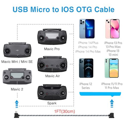 1FT USB Micro to iOS DJI Remote Controller Cable for iPhone 14 Pro, DJI Mavic Mini(1st Gen), Mini SE, Mavic Pro, Spark, 2 Pro Zoom,Mavic Air,Platinum, Phone/Tablet 90 Degree Data OTG Cord Accessories - size: 1FT(12in), style: Micro to IOS