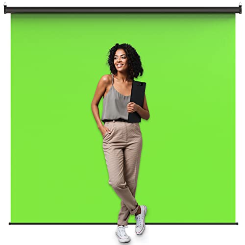 【Wider Style】 KHOMO Gear Green Screen 84 x 84 inch – Extra Large Pull Down Backdrop – Portable Collapsible Roll Down Projector Screen – Green Screen for Video, Streaming, and Photography - color: Green - Black Metal Frame