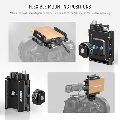 NEEWER Mount Bracket SSD Holder with Cold Shoe Cable Clamp, 1.6"-2.6" for Samsung T5 T7 SSD SanDisk Compatible with SmallRig Cage for BMPCC 4K 6K Compatible with iPhone 15 Pro Max Phone Cage, UA035 - style: UA035