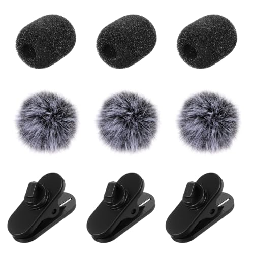 SHENLIU 9 Pcs Lavalier Microphone Windscreen Kit, 6 Pack Furry and Foam Mic Covers with 3 Pack 360° Rotatable Cable Clips, Universal Lapel Mic Accessories(for 1.8mm Round & 5mm Flat Cables)