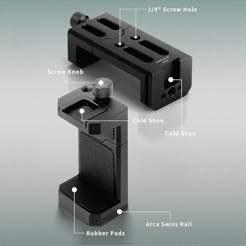 Aluminum Phone Tripod Mount with Cold Shoe & ARCA-Swiss Quick Release, Adjustable Smartphone Clamp with 1/4" Thread, Universal Phone Holder for iPhone 17/16/15/14/13, Samsung, Vlogging, Filming