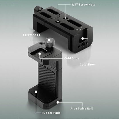 Aluminum Phone Tripod Mount with Cold Shoe & ARCA-Swiss Quick Release, Adjustable Smartphone Clamp with 1/4" Thread, Universal Phone Holder for iPhone 17/16/15/14/13, Samsung, Vlogging, Filming