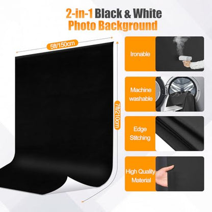 5x8ft Black & White Photo Backdrop with Stand, 2-in-1 Revisible Black White Background Screen with Portable T-Shape Stand,Carry Bag and 5 Clamps for Photography Video Meeting Streaming