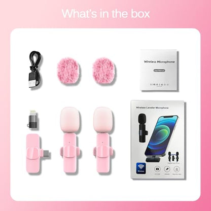 Wireless Lavalier Lapel Microphone for iPhone, iPad, mini Video Recording Mic for Interview Video Podcast Vlog YouTube & Livestream, Noise Reduction, Plug & Play (Pink)