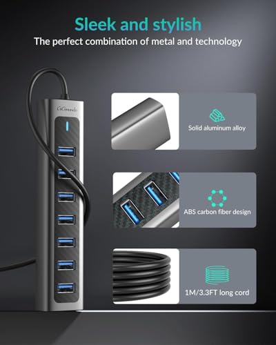 GiGimundo USB 3.0 Hub, 7-Port USB Extender Hub with 3.3FT Long Cable, USB Splitter, Aluminum High-Speed 5Gbps USB Hub for PC, Laptop, Desktop, Computer, PS5, XPS(Gray,1M) - size: 7 Ports-3.3FT