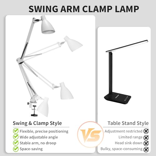 Swing Arm Desk Lamp with Clamp, Adjustable Arm LED Clamp on Desk Lamps with 5 Color Modes and 10 Brightness for Home Office Reading Drafting Study (White) - color: White