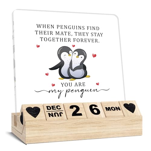 Gifts for Girlfriend Boyfriend, Wedding for Husband Wife Block Calendar, Wooden Block for Desk Sign, Valentines Day I Love You Gifts, You Are My Penguin Desk Decor - color: Black - Penguins