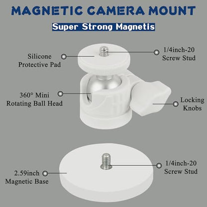 ULIBERMAGNET White Magnetic Camera Mount, Strong Magnetic Mount with 360° Rotation Ball Head, Security Camera Holder with 1/4 inch Thread for GoPro,DJI OSMO Action - style: White 2.59INCH Magnetic Camera Mounts