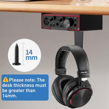 Under Desk Mount for Focusrite Scarlett Solo 3rd Gen/Solo 4th Gen with Headphone Hanger Stand,Under Desk Metal Shelf Organizer for Audio Interfaces and Studio Gear (Black Holder Only)