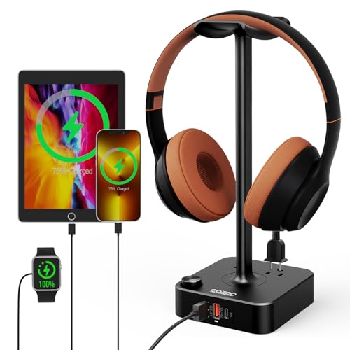 COZOO Headphone Stand with USB Charger Desktop Gaming Headset Holder Hanger with 3 USB Charging Station and 2 Outlets Power Strip,Suitable for Gaming, DJ,Wireless Earphone Display, Gamer Gifts for Men - color: 1.Black(PD & QC3.0)