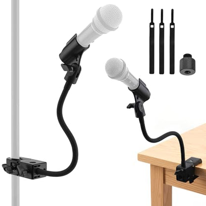 Gooseneck Mic Stand,Flexible Arm Desk Clamp for Streaming Podcast Studio | Heavy Duty Steel hold 1kg,Easy Adjust,Clamp fits desks/poles/shelves 15-49mm thick. mic clip+2 adapters.For mics up to 1.2"